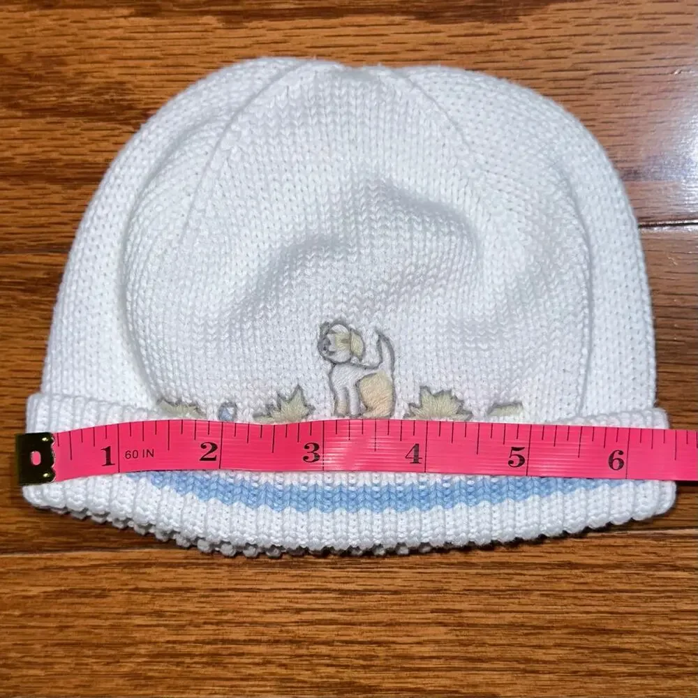 Janie and Jack White Blue Baby Boy Embroidered Dog Puppy Cotton Beanie Cap 0-3M